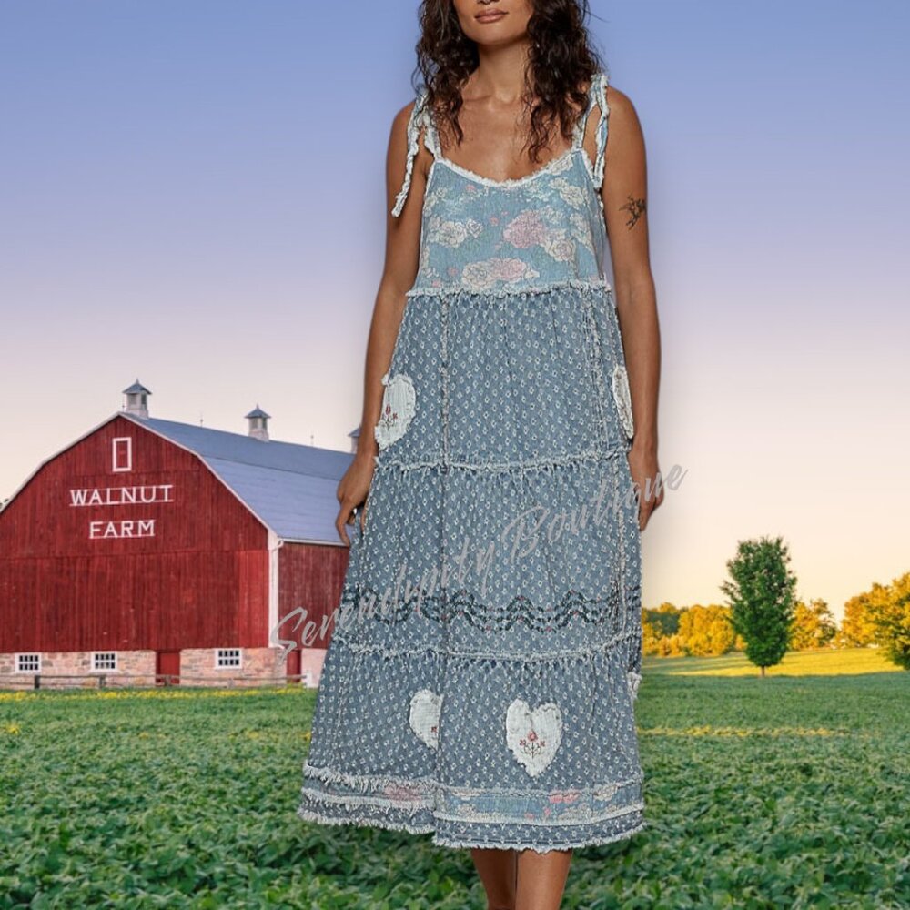 POL Bohemian Girly Cowgirl Strappy Denim Tiered Patchwork Maxi Eyelet Jean Dress - Picture 9 of 12